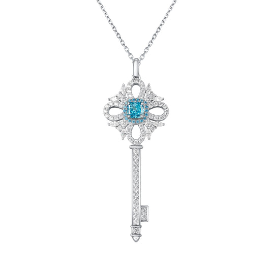 925 Sterling Silver Blue Cubic Zirconia Key Pendant Necklace | Vintage Halo Key Charm Necklace