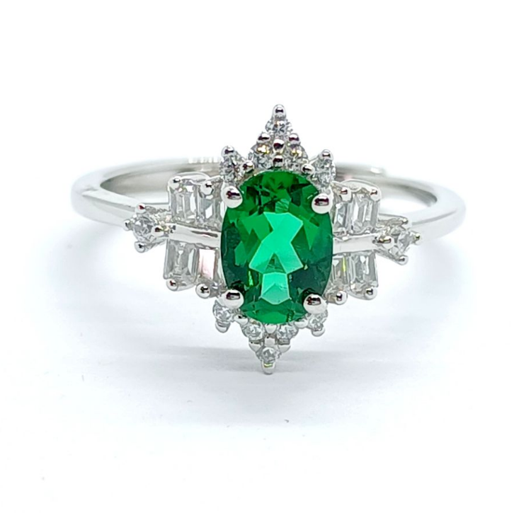 S925 Sterling Silver Emerald Starburst Halo Adjustable Ring