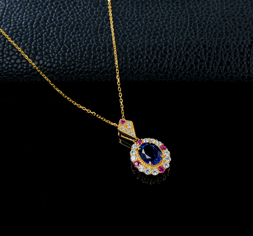 S925 Sterling Silver Lab Grown Blue Sapphire & Ruby Halo Vintage Pendant Necklace