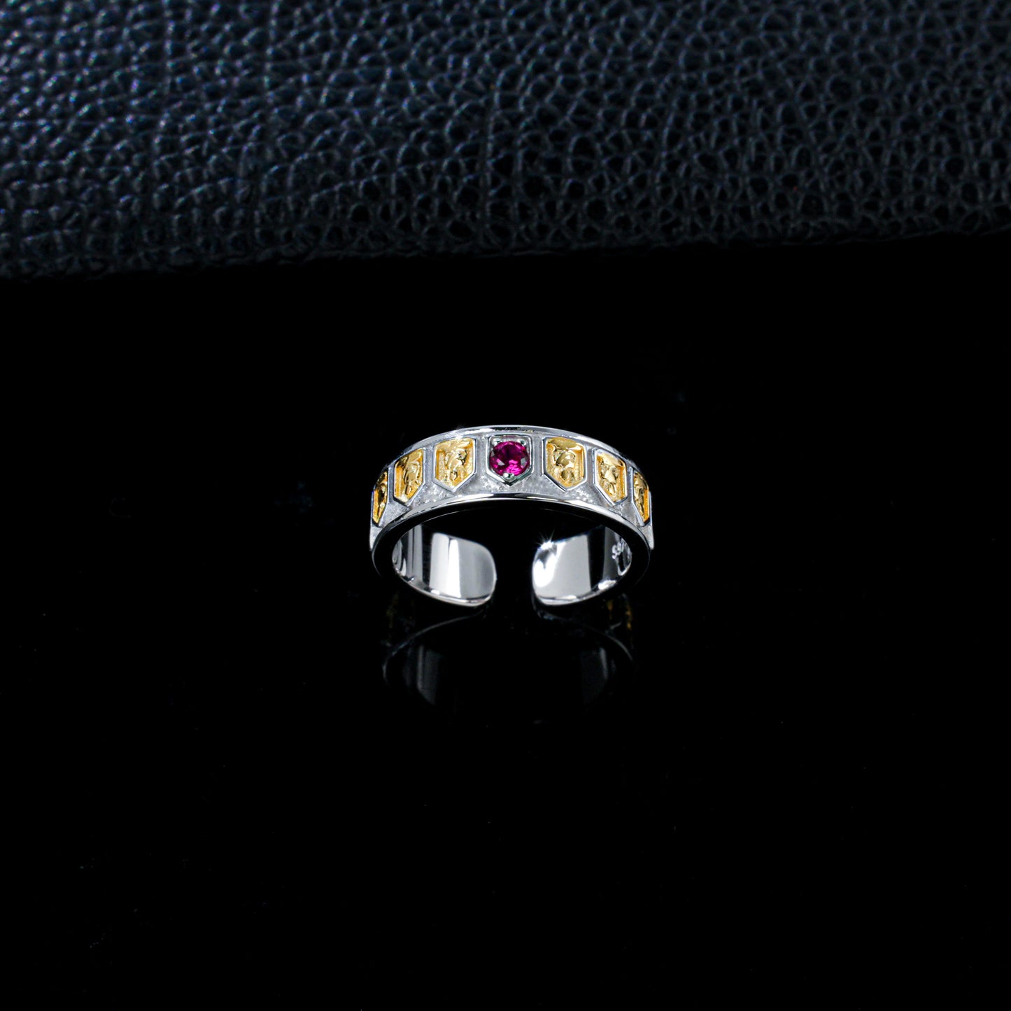 925 Sterling Silver Two-Tone Open Ring, Round Lab Grown Ruby Adjustable Band Ring with Carved Details