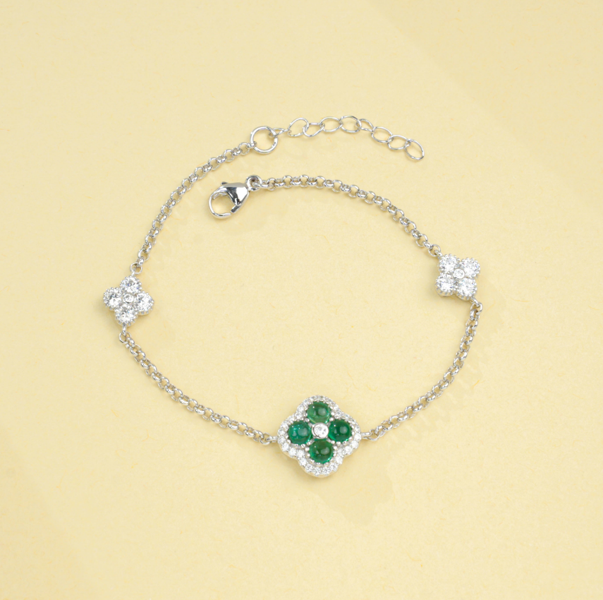 S925 Sterling Silver Emerald Clover Adjustable Bracelet