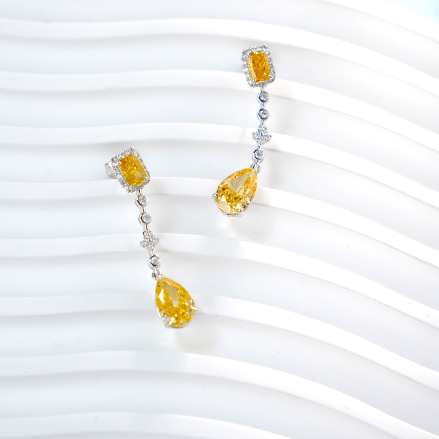 925 Sterling Silver Yellow Cubic Zirconia Drop Earrings | Emerald Cut & Pear Shape Dangle Earrings