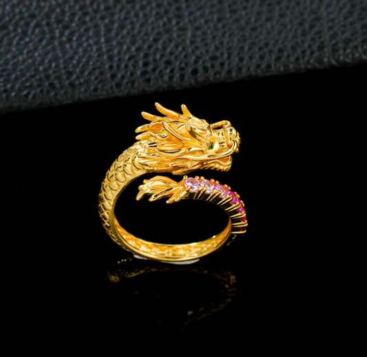 S925 Sterling Silver 22K Gold Plated 3D Sculpted Chinese Dragon Statement Ring