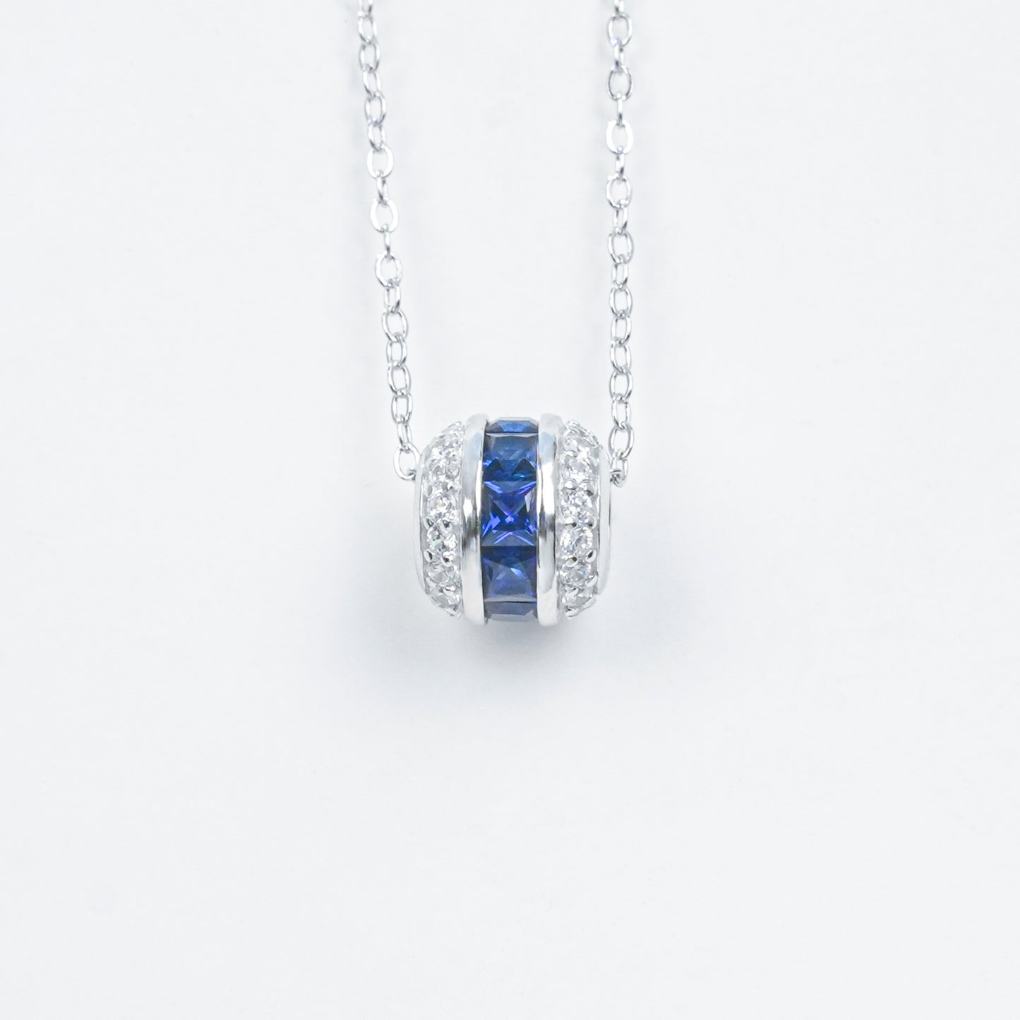 925 Sterling Silver Lab Grown Sapphire Barrel Pendant Necklace Dainty Pave Cylinder Necklace