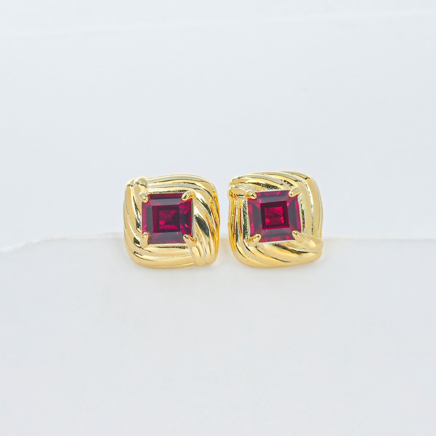 925 Sterling Silver Gold-Plated Square Twist Earrings | 5mm Princess Cut Lab-Grown Ruby Stud Earrings