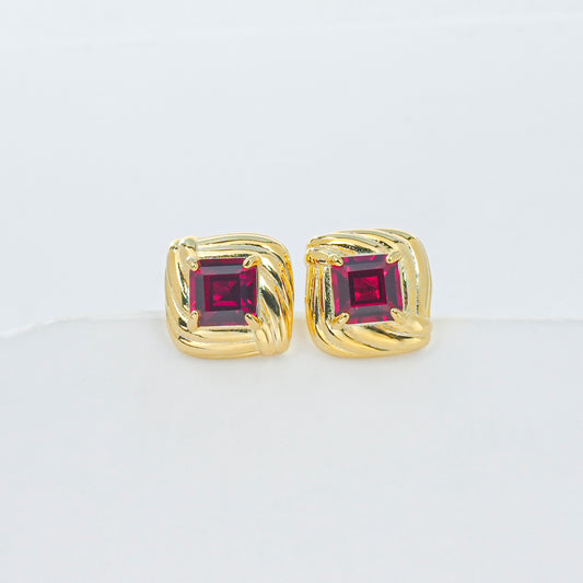 925 Sterling Silver Gold-Plated Square Twist Earrings | 5mm Princess Cut Lab-Grown Ruby Stud Earrings