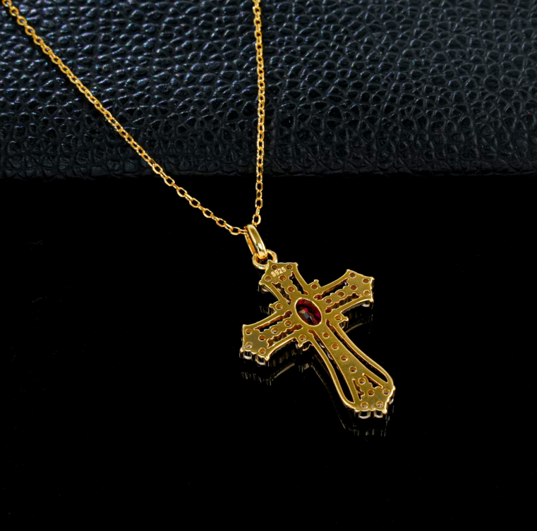S925 Sterling Silver Lab Grown Ruby Vintage Cross Pendant Necklace