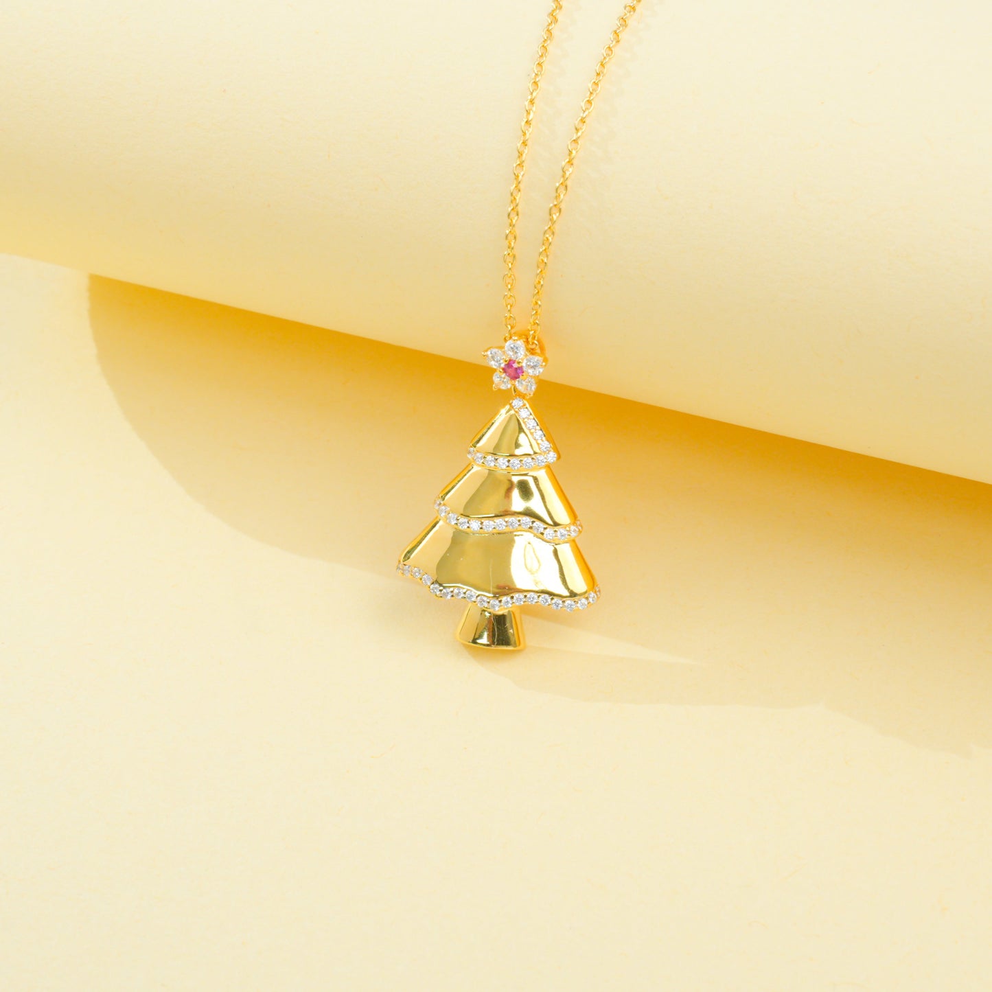 925 Sterling Silver Gold Tone Christmas Tree Pendant Necklace, CZ Paved Holiday Necklace with Ruby Red Accent
