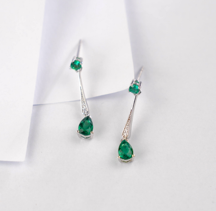 S925 Sterling Silver Emerald Pear Cut Drop Dangle Earrings