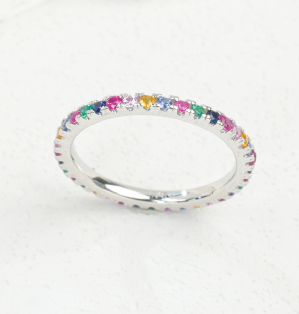 S925 Sterling Silver Rainbow Multicolored Gemstone Half Eternity Stackable Ring