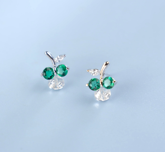 S925 Sterling Silver Emerald Cherry Stud Earrings, Silver Tone