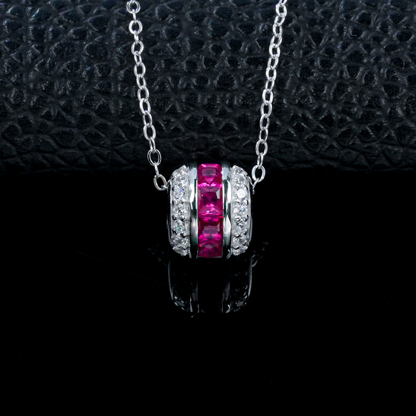 925 Sterling Silver Lab Grown Ruby Barrel Pendant Necklace - Pave Cylinder Dainty Necklace
