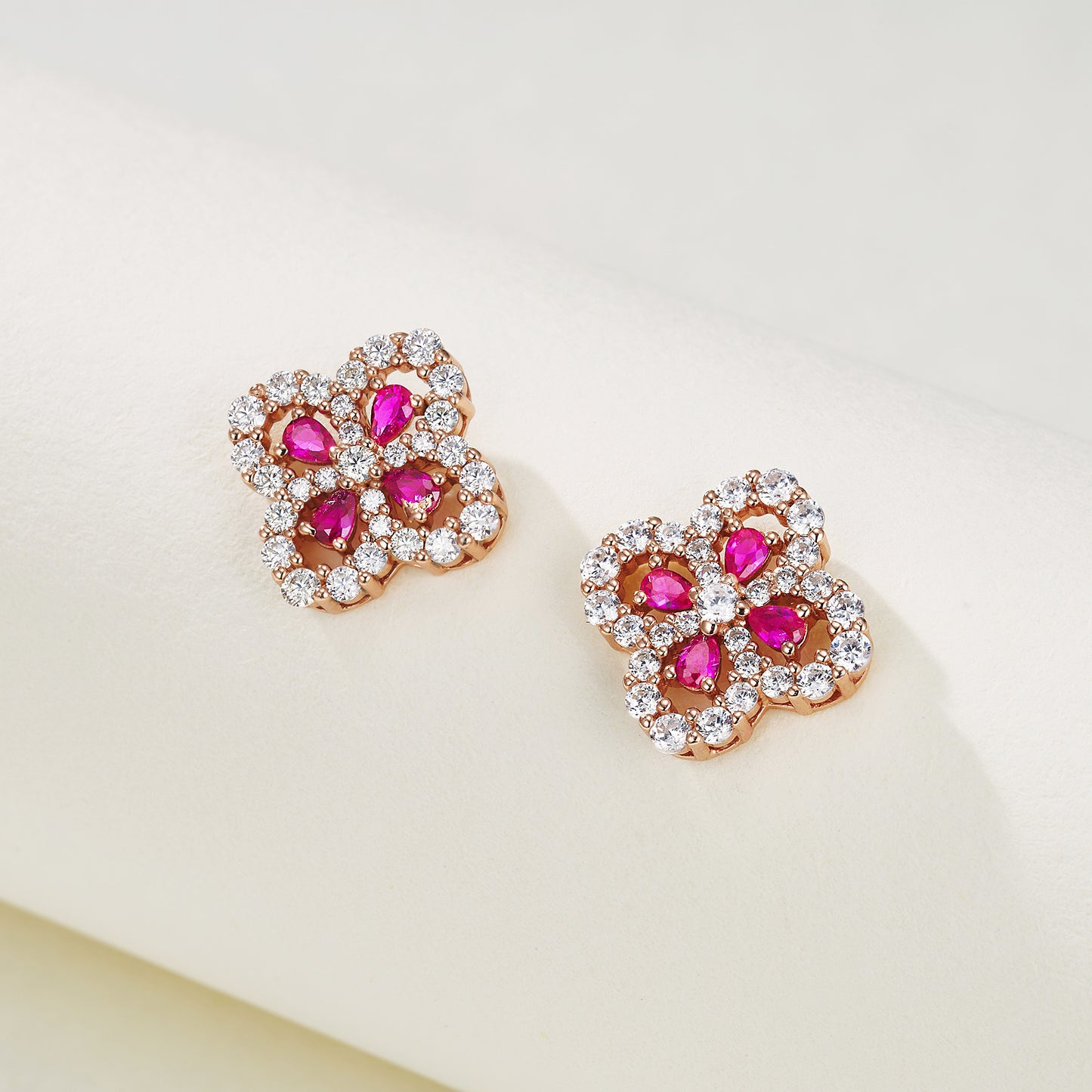 Lab Grown Ruby Four Leaf Clover Stud Earrings, 925 Sterling Silver Rose Gold Pave Earrings for Women