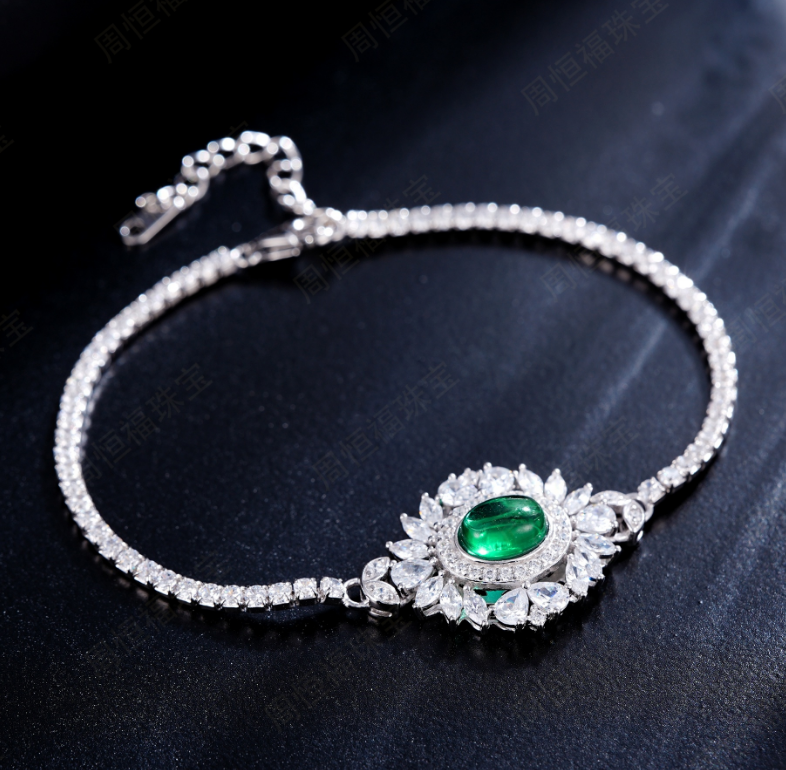 S925 Sterling Silver Emerald Cabochon Vintage Starburst Adjustable Bracelet