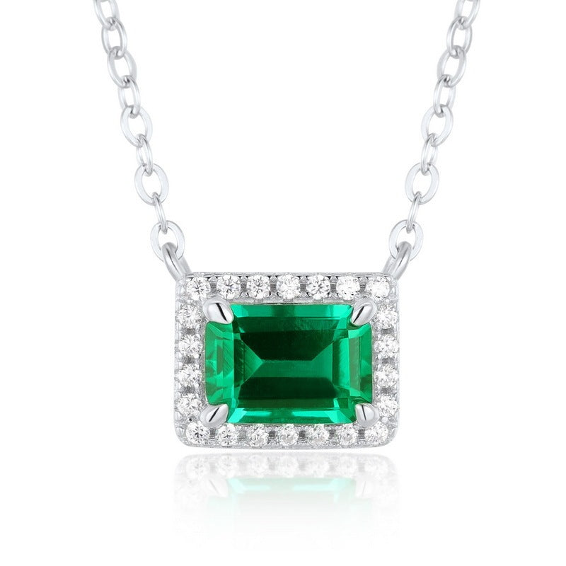 0.9CT Lab Grown Emerald Cut Halo Pendant Necklace, 925 Sterling Silver Green Gemstone Necklace