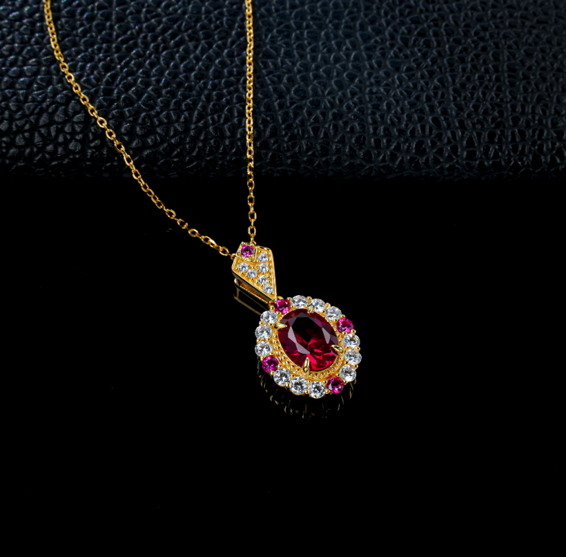 S925 Sterling Silver Lab Grown Ruby Oval Cut Halo Vintage Pendant Necklace
