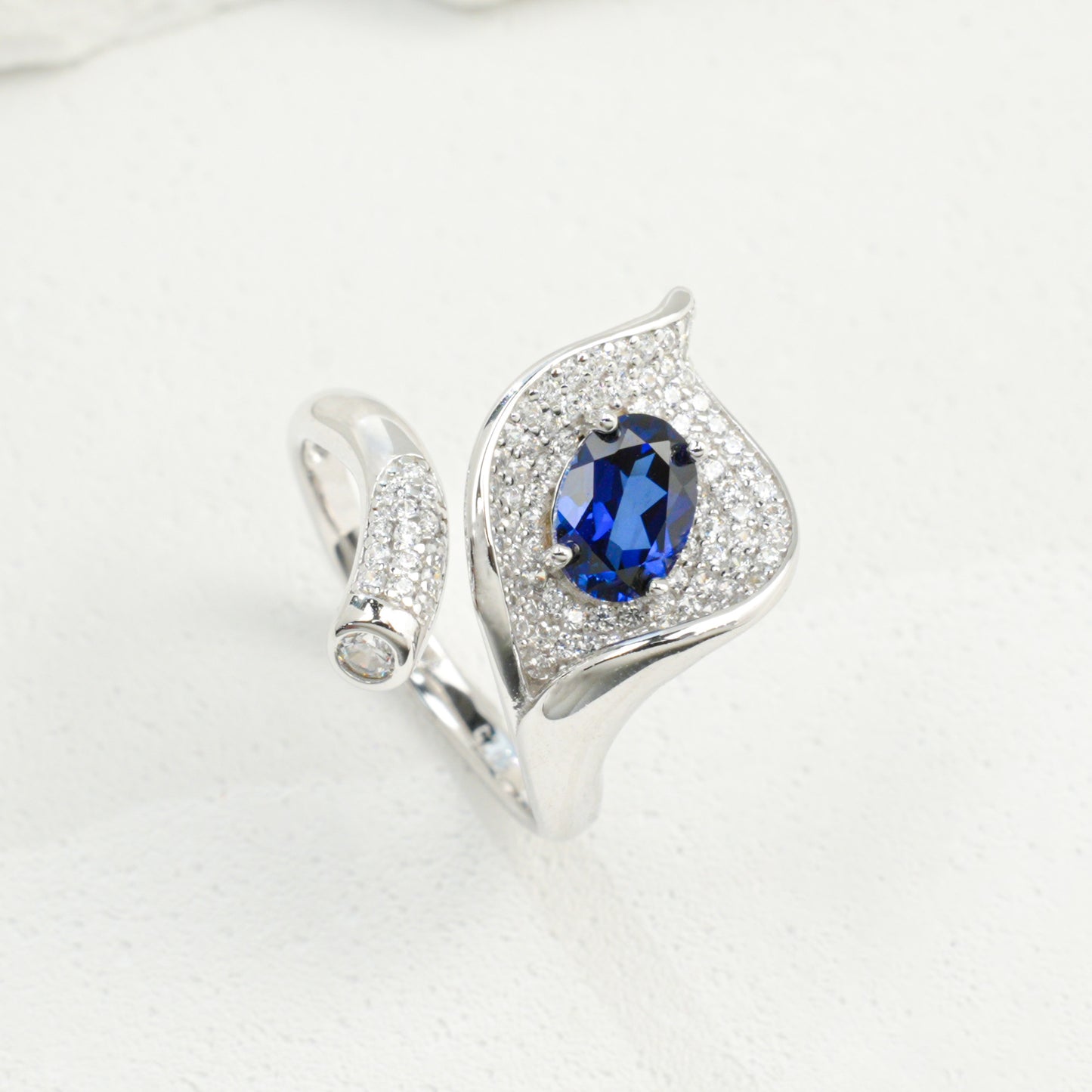 925 Sterling Silver Bypass Open Ring, 1.04ct Oval Lab Grown Blue Sapphire Adjustable Ring with Pave CZ