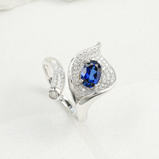 925 Sterling Silver Bypass Open Ring, 1.04ct Oval Lab Grown Blue Sapphire Adjustable Ring with Pave CZ