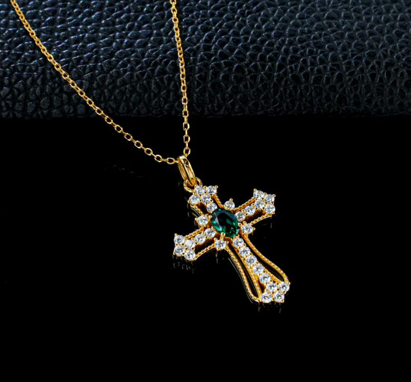 S925 Sterling Silver Lab Grown Emerald Vintage Cross Pendant Necklace