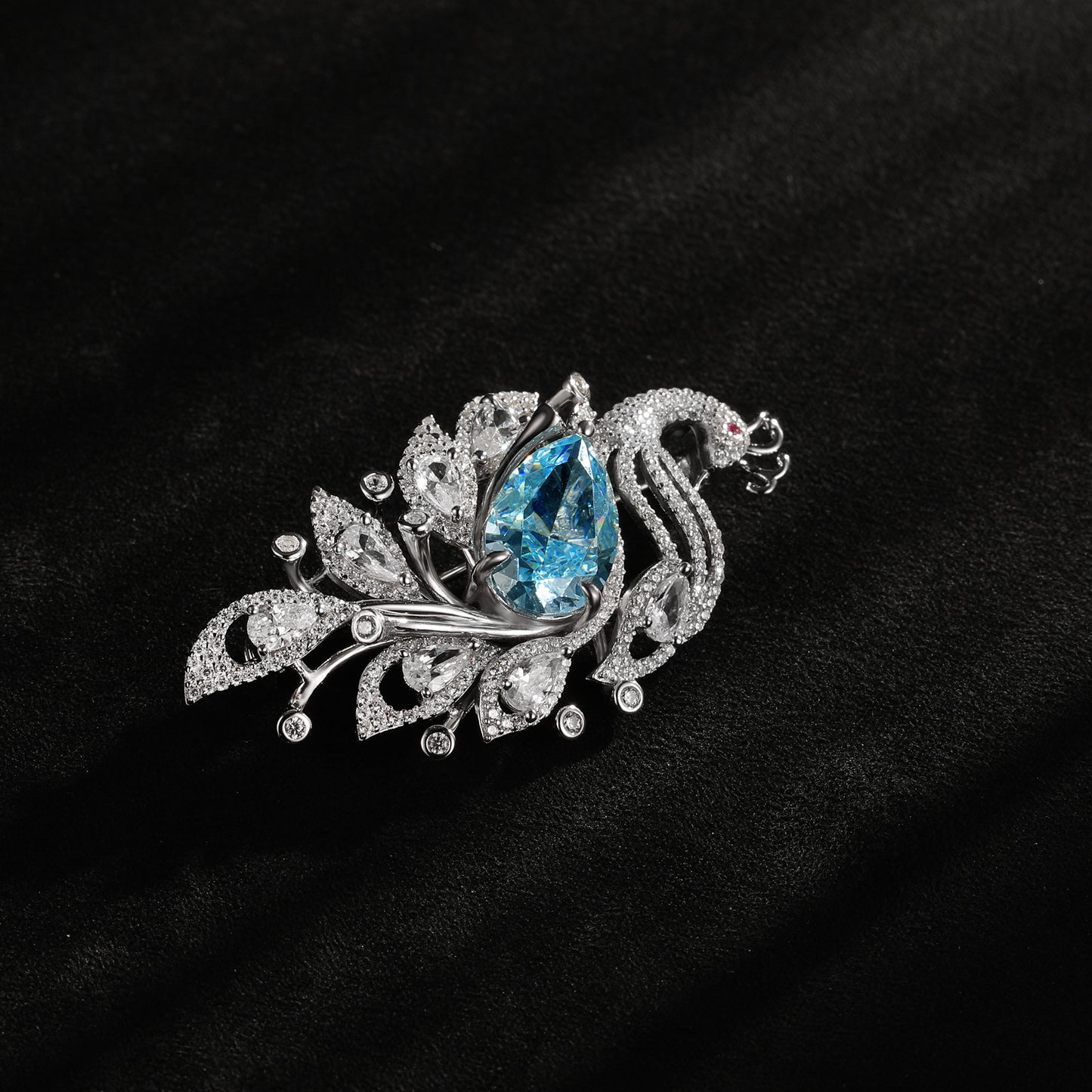 Blue Cubic Zirconia Peacock Brooch Pin, 925 Sterling Silver 10.6ct CZ Statement Bird Jewelry