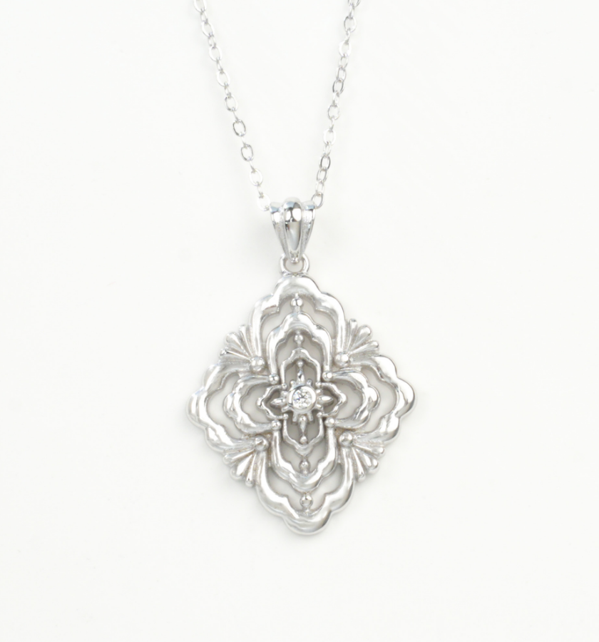 S925 Sterling Silver White Gold Plated Vintage Filigree Floral Openwork Pendant Necklace