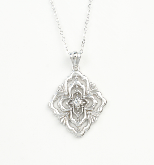 S925 Sterling Silver White Gold Plated Vintage Filigree Floral Openwork Pendant Necklace