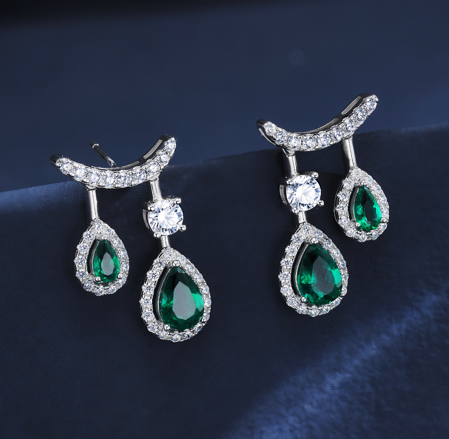 S925 Sterling Silver Emerald Pear Cut Front-Back Drop Earrings