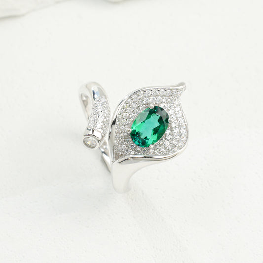 925 Sterling Silver Bypass Open Ring, 0.67ct Oval Lab Grown Emerald Adjustable Ring with Pave CZ