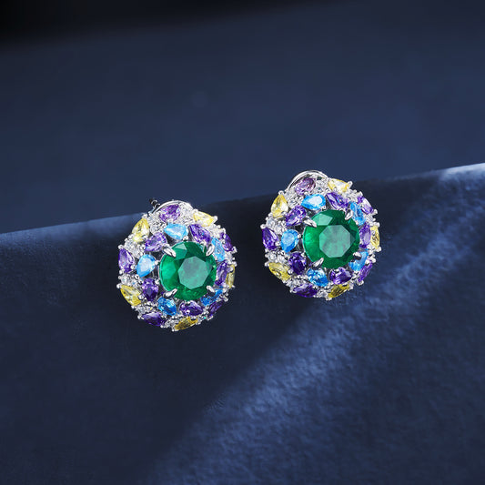 925 Sterling Silver Multi-Color Halo Stud Earrings, 2.19ct Round Lab Grown Emerald Earrings with Lab Created Gemstone Accents