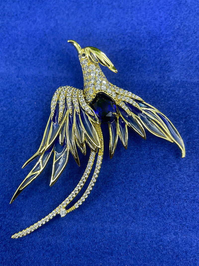 Lab Grown Blue Sapphire Phoenix Brooch Pin, 925 Sterling Silver Enamel Bird Statement Brooch, 3.05ct