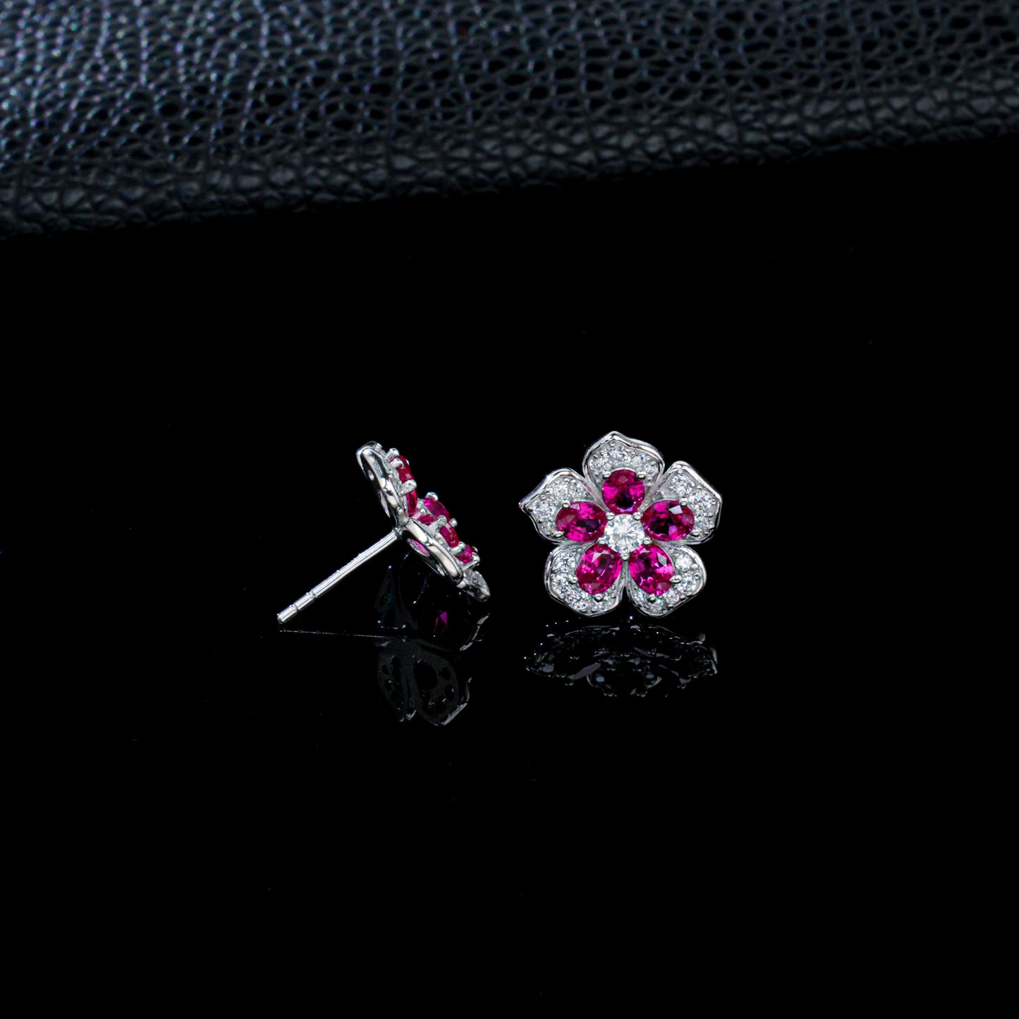 925 Sterling Silver Flower Stud Earrings, Oval Cut Lab Grown Ruby Earrings with Pave CZ