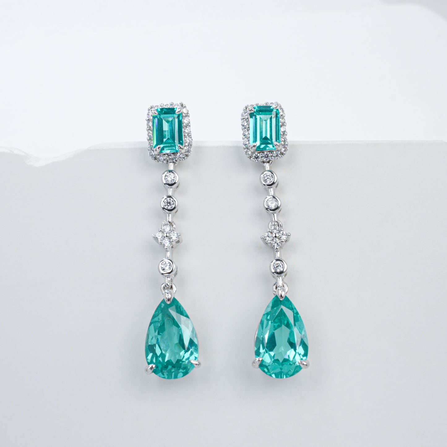 925 Sterling Silver Lab-Grown Paraiba-Color Green Garnet Drop Earrings | Emerald Cut & Pear Shape Dangle Earrings