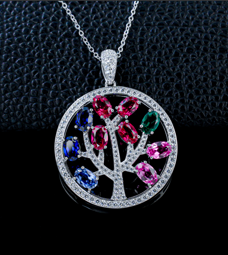 S925 Sterling Silver Multicolor Lab Grown Sapphire Tree of Life Round Pendant Necklace