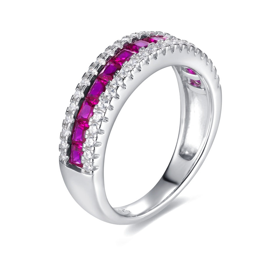 Lab Grown Ruby Half Eternity Band Ring, 925 Sterling Silver Princess Cut Channel Set Stackable Ring
