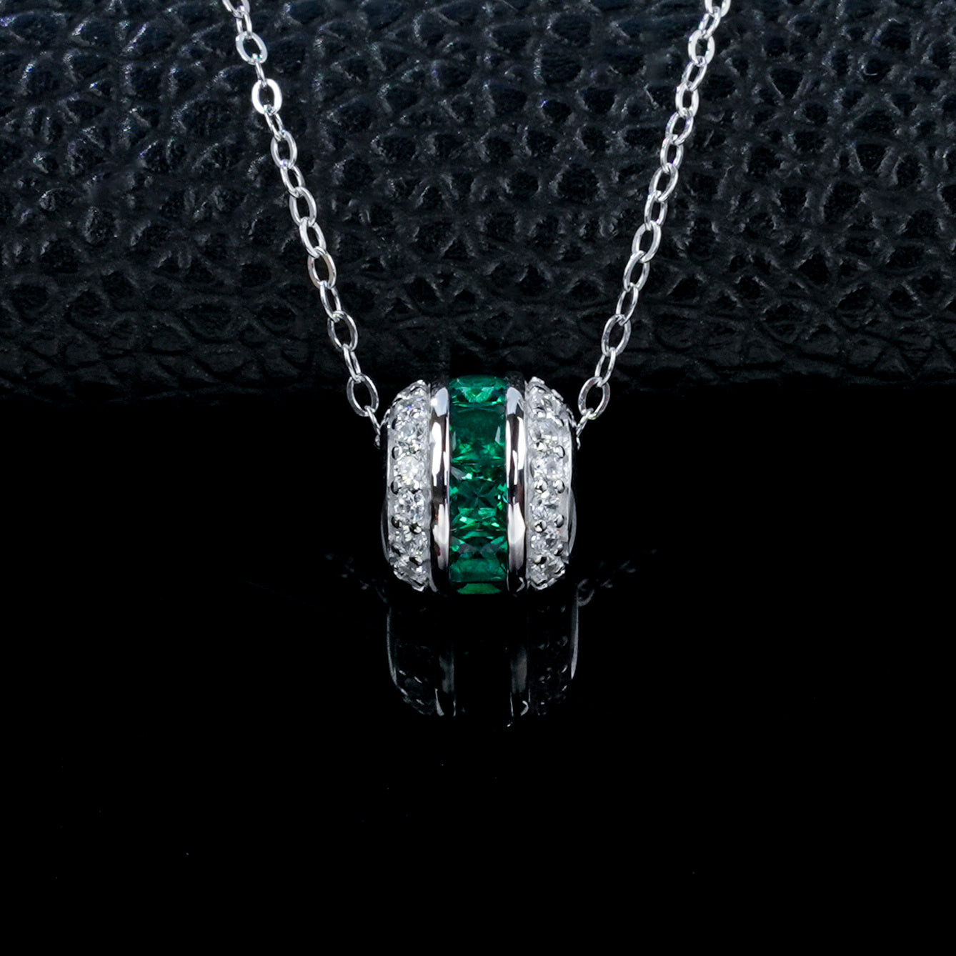 925 Sterling Silver Lab Grown Emerald Barrel Pendant Necklace - Pave Cylinder Stackable Necklace