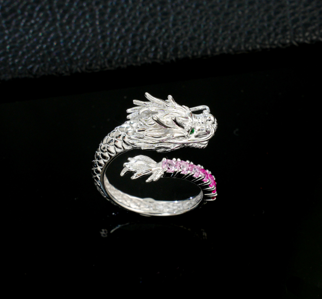 S925 Sterling Silver White Gold Plated 3D Sculpted Chinese Dragon Statement Ring