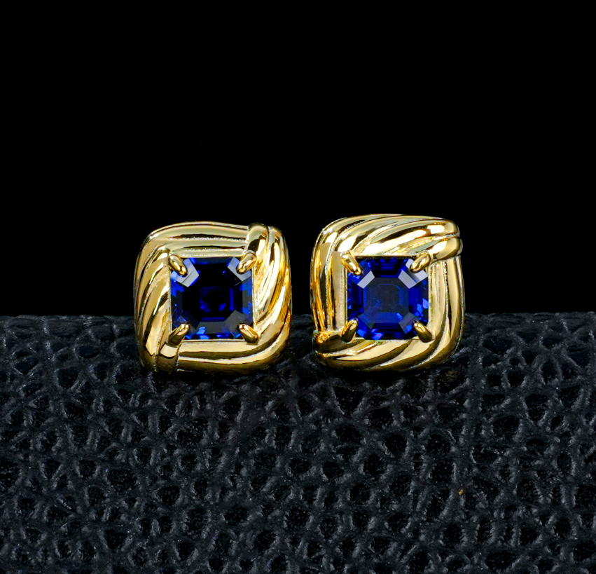 S925 Sterling Silver Lab Grown Blue Sapphire Twisted Square Stud Earrings