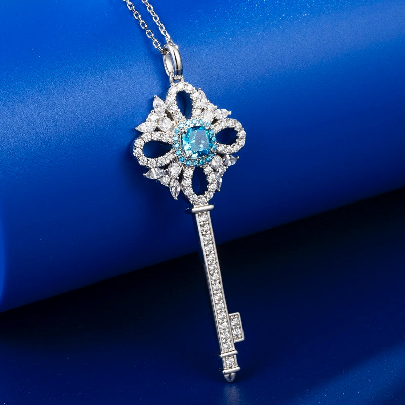 925 Sterling Silver Blue Cubic Zirconia Key Pendant Necklace | Vintage Halo Key Charm Necklace