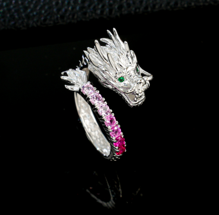 S925 Sterling Silver White Gold Plated 3D Sculpted Chinese Dragon Statement Ring