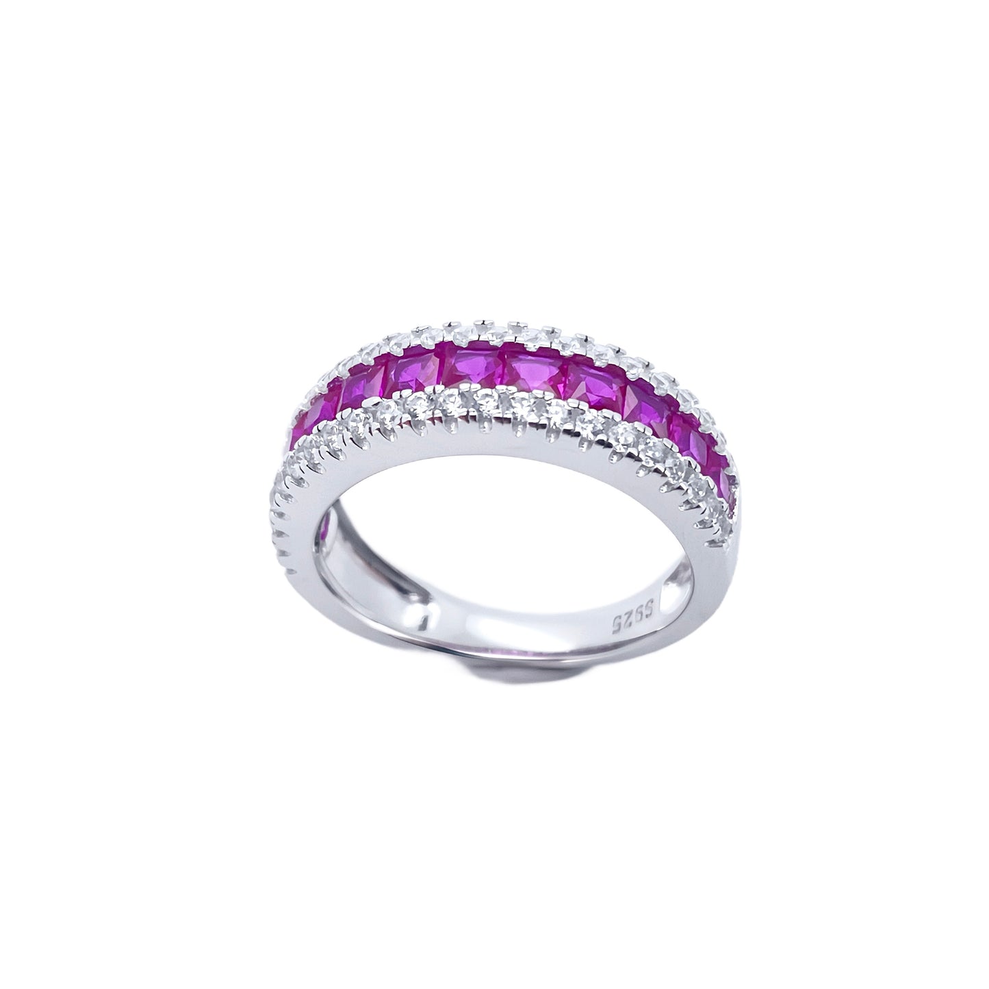 Lab Grown Ruby Half Eternity Band Ring, 925 Sterling Silver Princess Cut Channel Set Stackable Ring