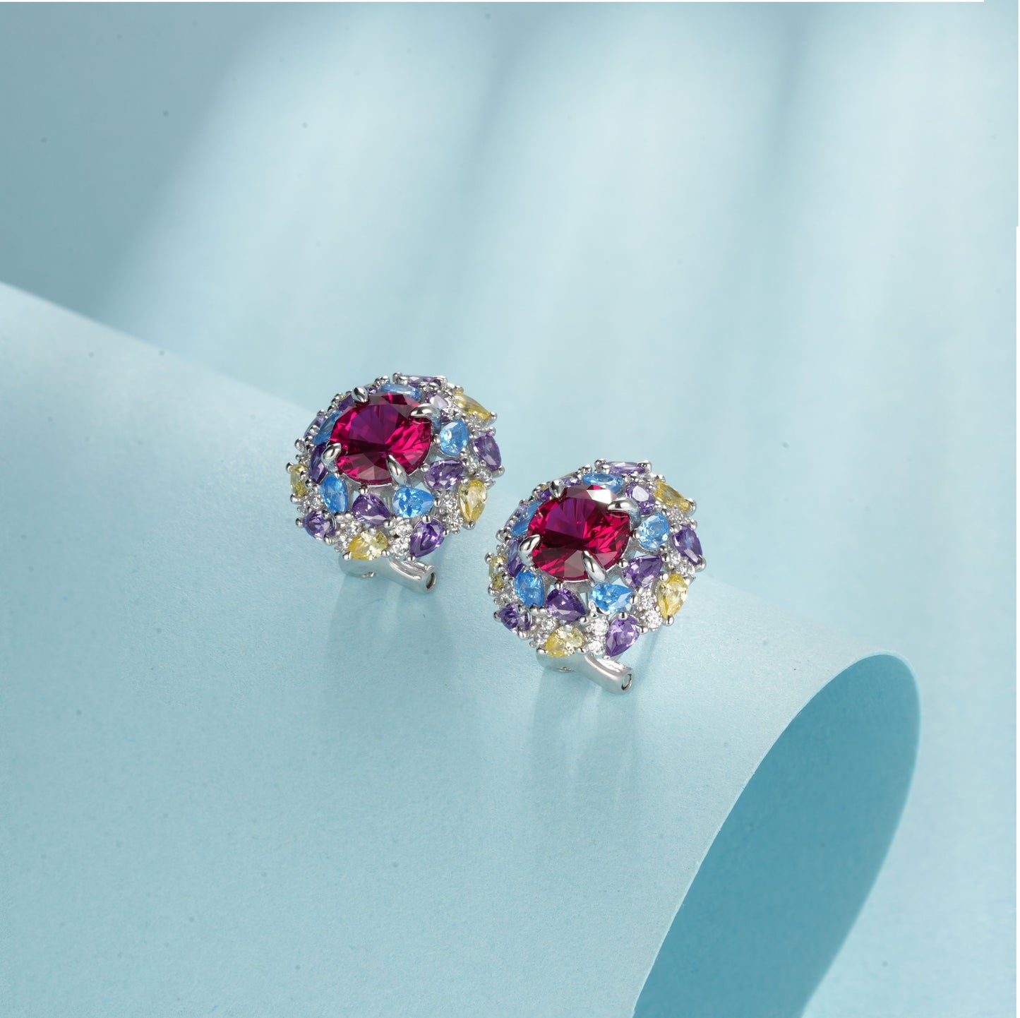 925 Sterling Silver Multi-Color Halo Stud Earrings, Round Lab Grown Ruby Earrings with Lab Created Gemstone Accents