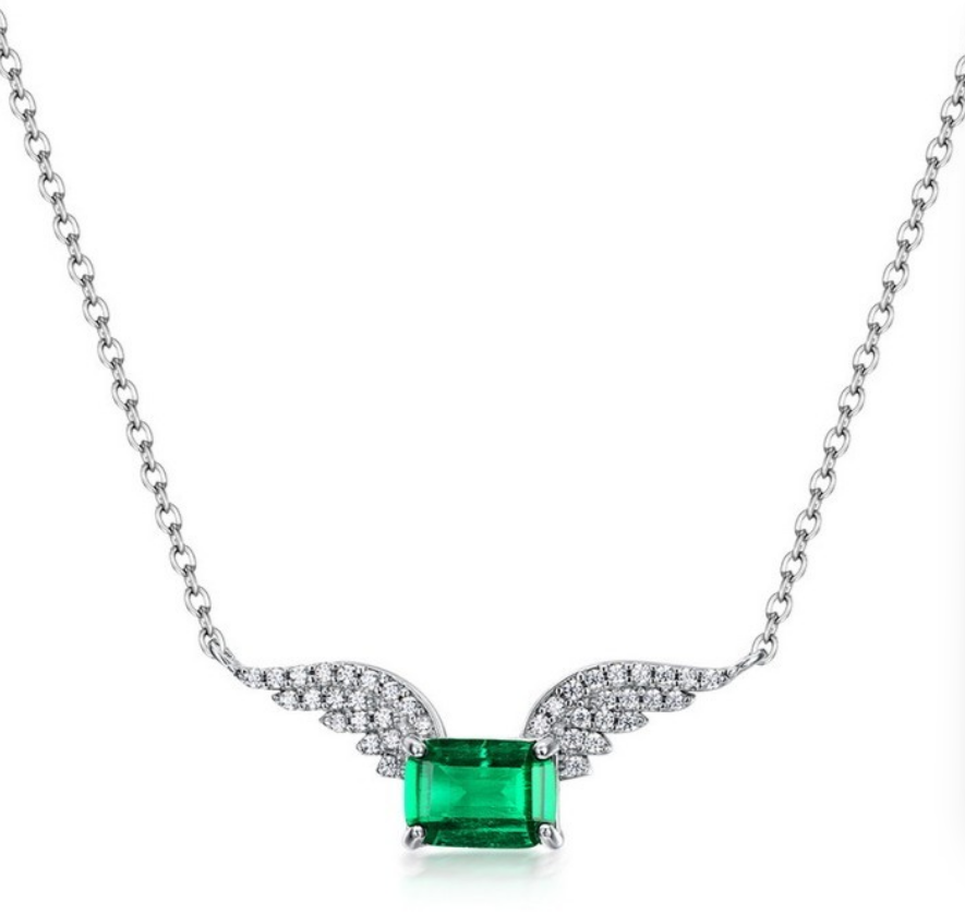 S925 Sterling Silver Emerald Angel Wings Pendant Necklace