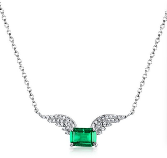 S925 Sterling Silver Emerald Angel Wings Pendant Necklace