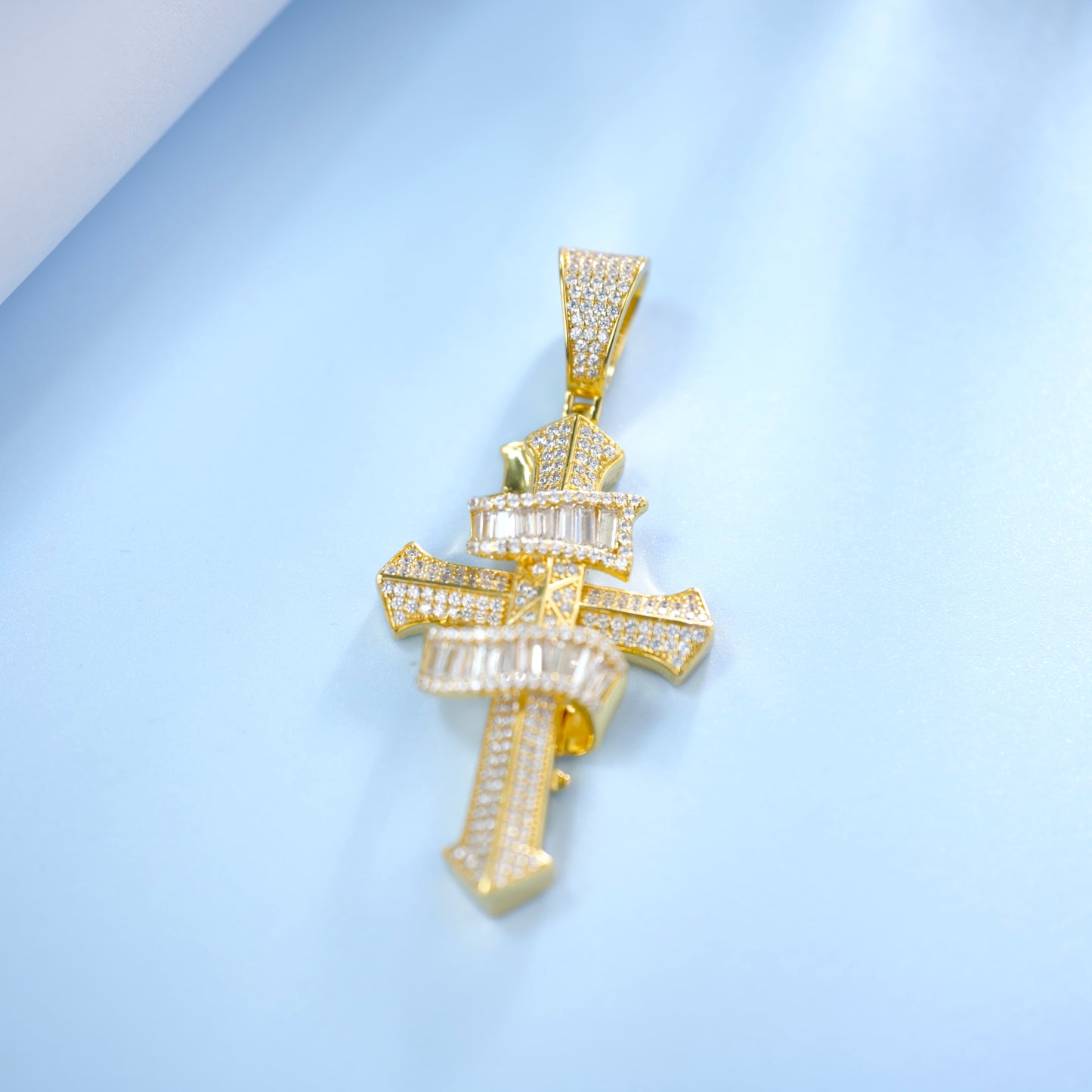 Iced Out Double Cross Pendant, Gold Plated 925 Sterling Silver Baguette Cut Hip Hop Charm