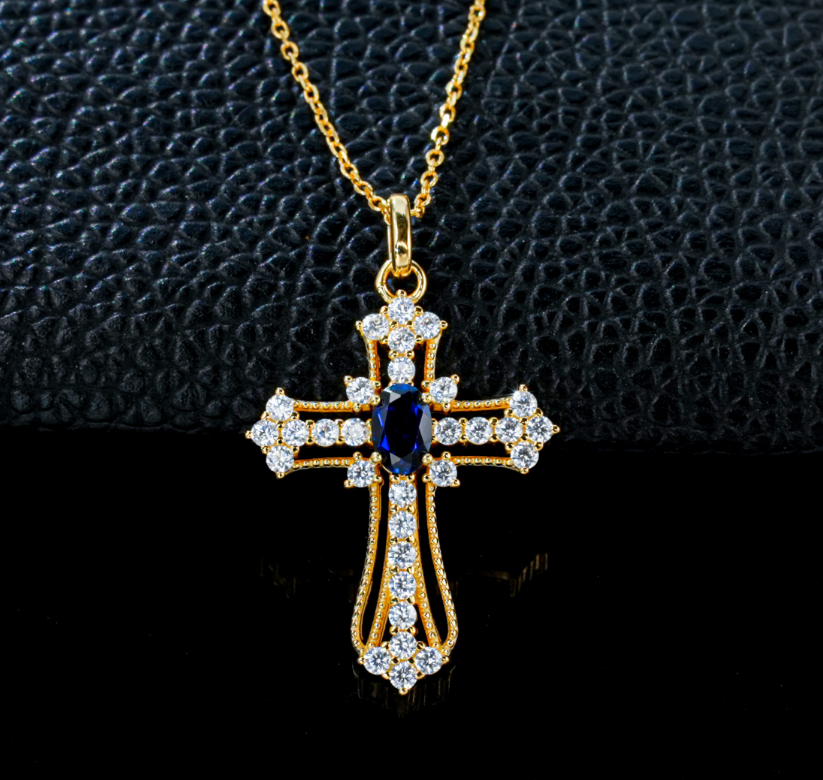 S925 Sterling Silver Lab Grown Blue Sapphire Vintage Cross Pendant Necklace