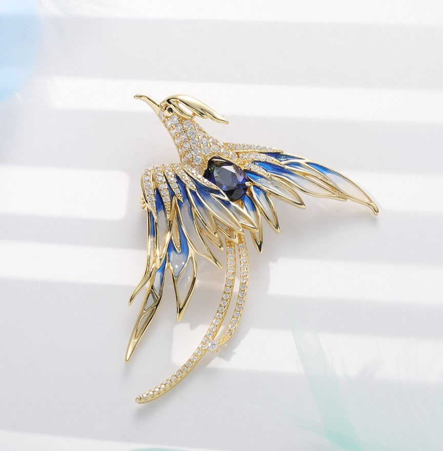 Lab Grown Blue Sapphire Phoenix Brooch Pin, 925 Sterling Silver Enamel Bird Statement Brooch, 3.05ct