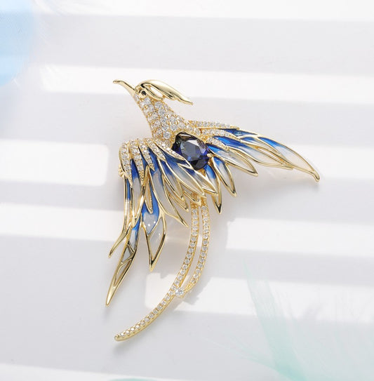 Lab Grown Blue Sapphire Phoenix Brooch Pin, 925 Sterling Silver Enamel Bird Statement Brooch, 3.05ct