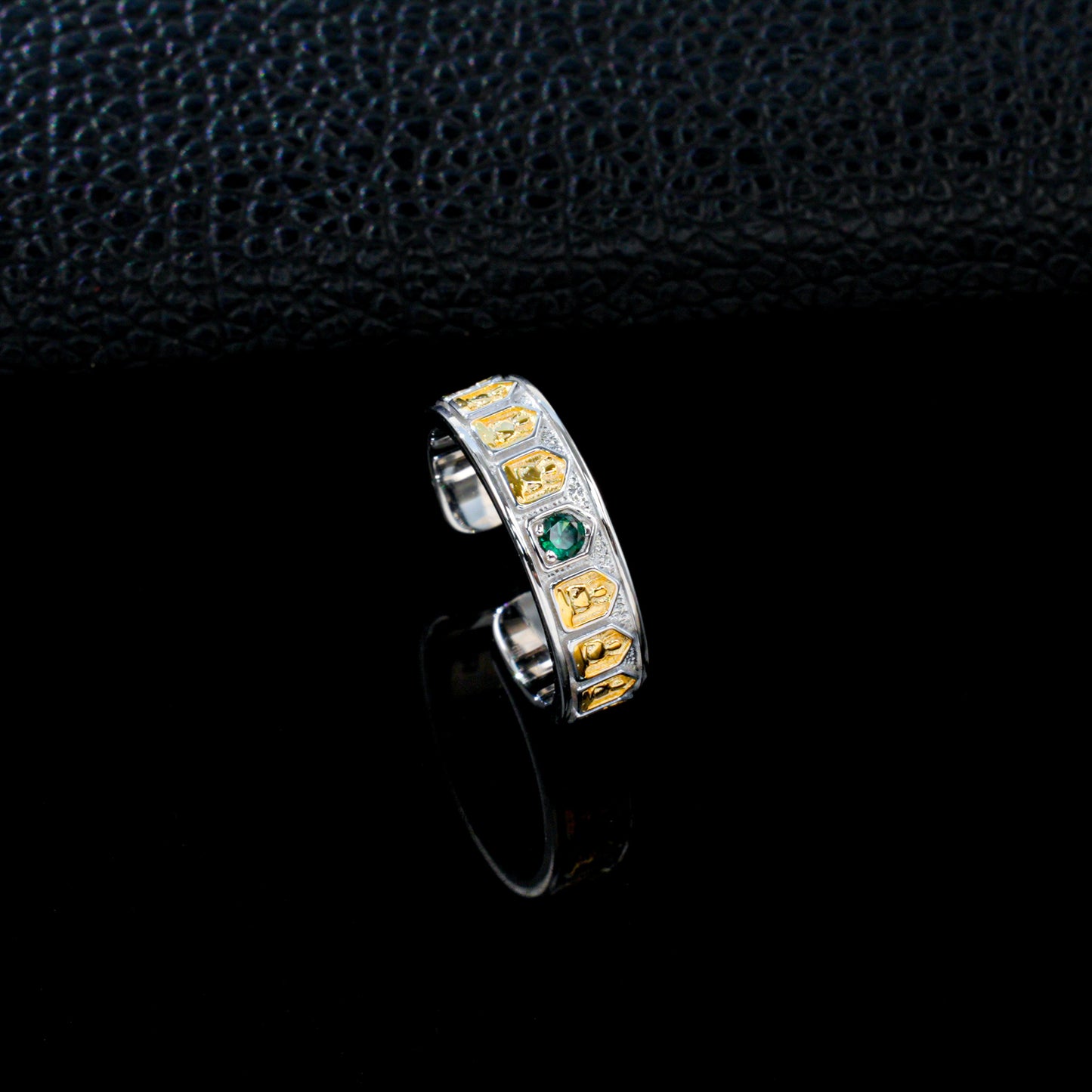 925 Sterling Silver Two-Tone Open Ring, Round Lab Grown Emerald Adjustable Band Ring with Carved Details