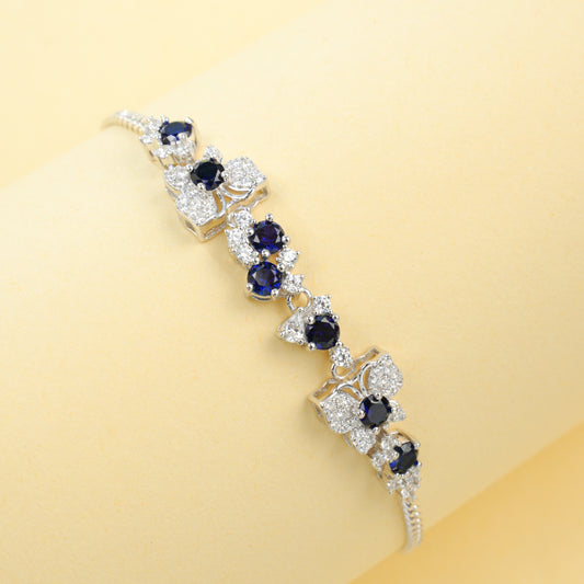 Lab Created Blue Sapphire Floral Cluster Bracelet, 925 Sterling Silver 1.49ct Green Gemstone Station Bracelet, 7 Stones