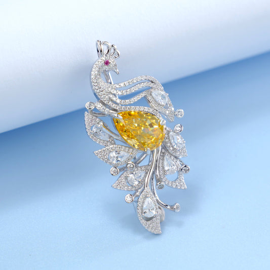 Peacock Brooch Pin with Yellow Cubic Zirconia, 925 Sterling Silver CZ Statement Bird Brooch for Women